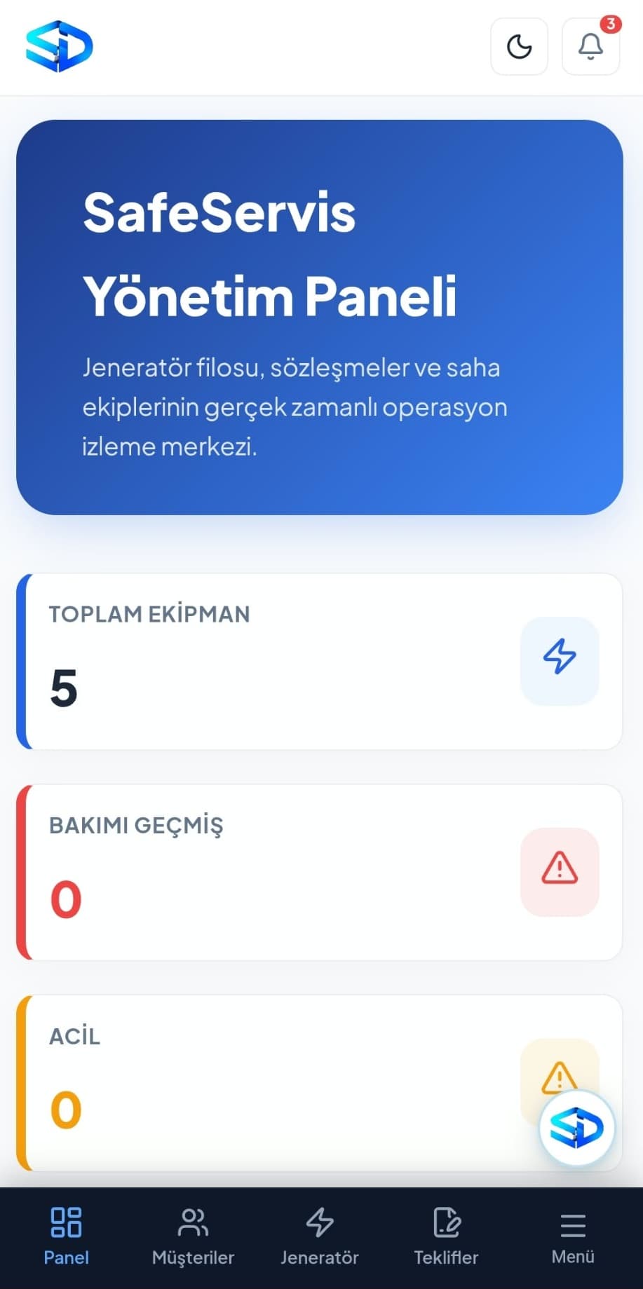 Jeneratör teknisyenleri için Safe Dijital saha uygulaması: bugünün işleri, QR tarama ve çevrimdışı kontrol formu.