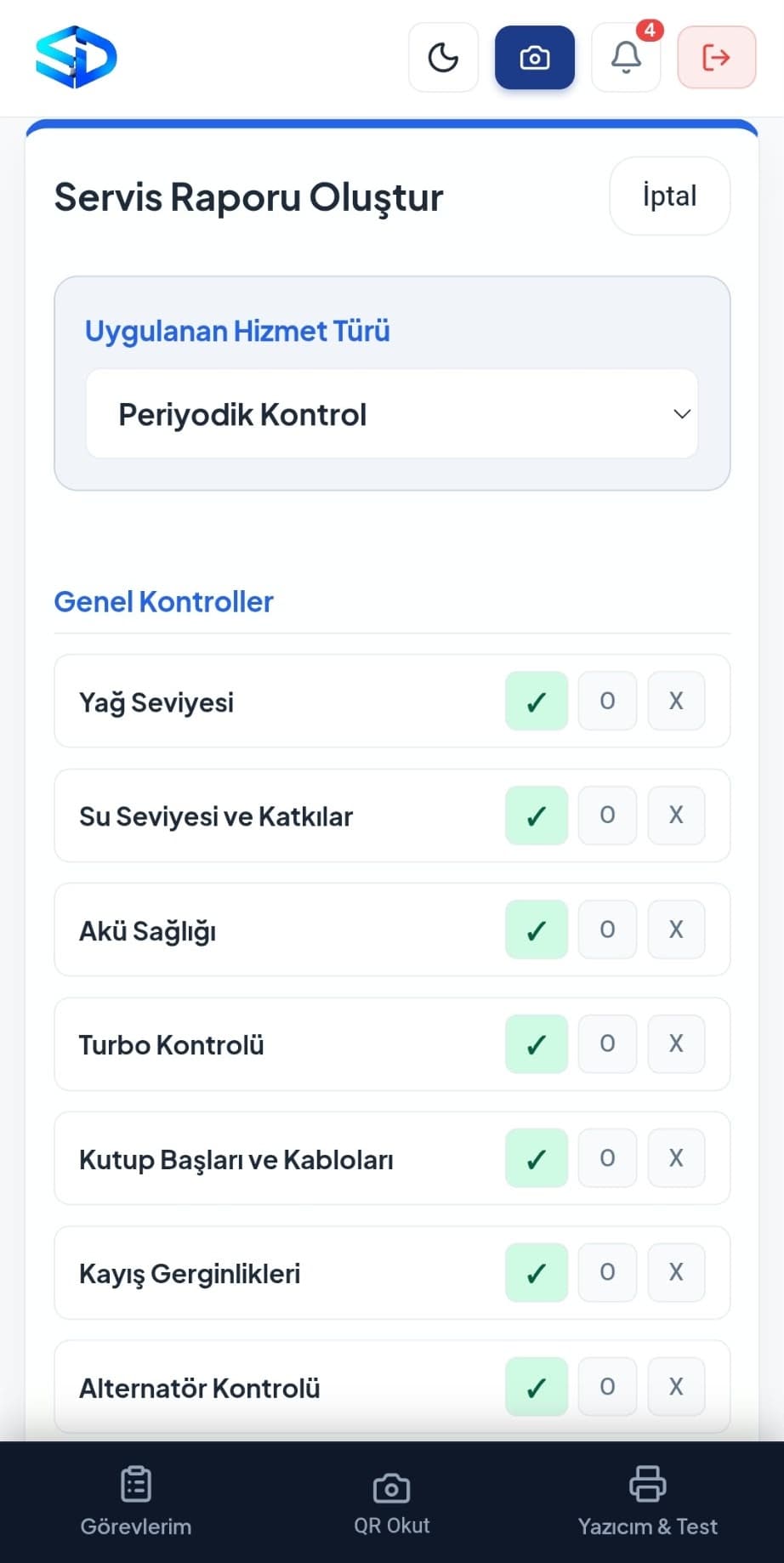 Safe Dijital saha uygulamasının Bugün ekranı: teknisyenin güncel işi, QR kod okuyucu ve rota.
